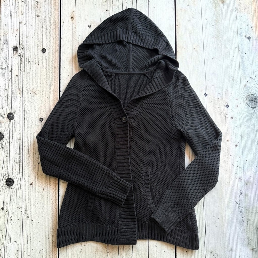 Waffle Knit Hooded Cardigan Single Button Pockets Navy Blue Women Small
